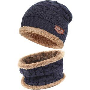 Women's Navy-Blue Winter Beanie Hat Set Warm Knit Hats Fleece Lined Neck Warmer
